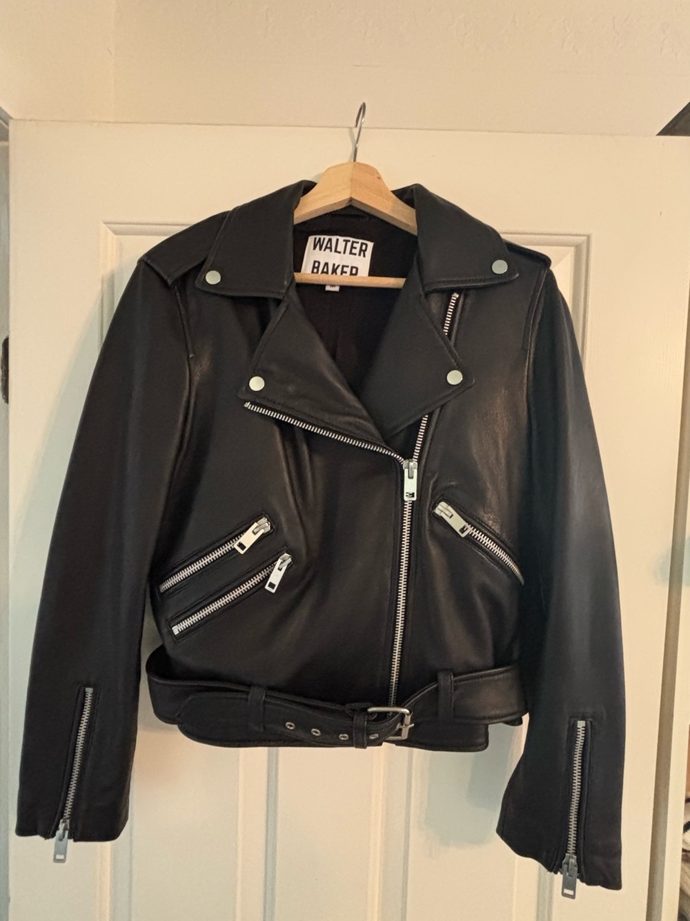Walter Baker Black Lamb Leather Moto Jacket with silver details and deep pockets